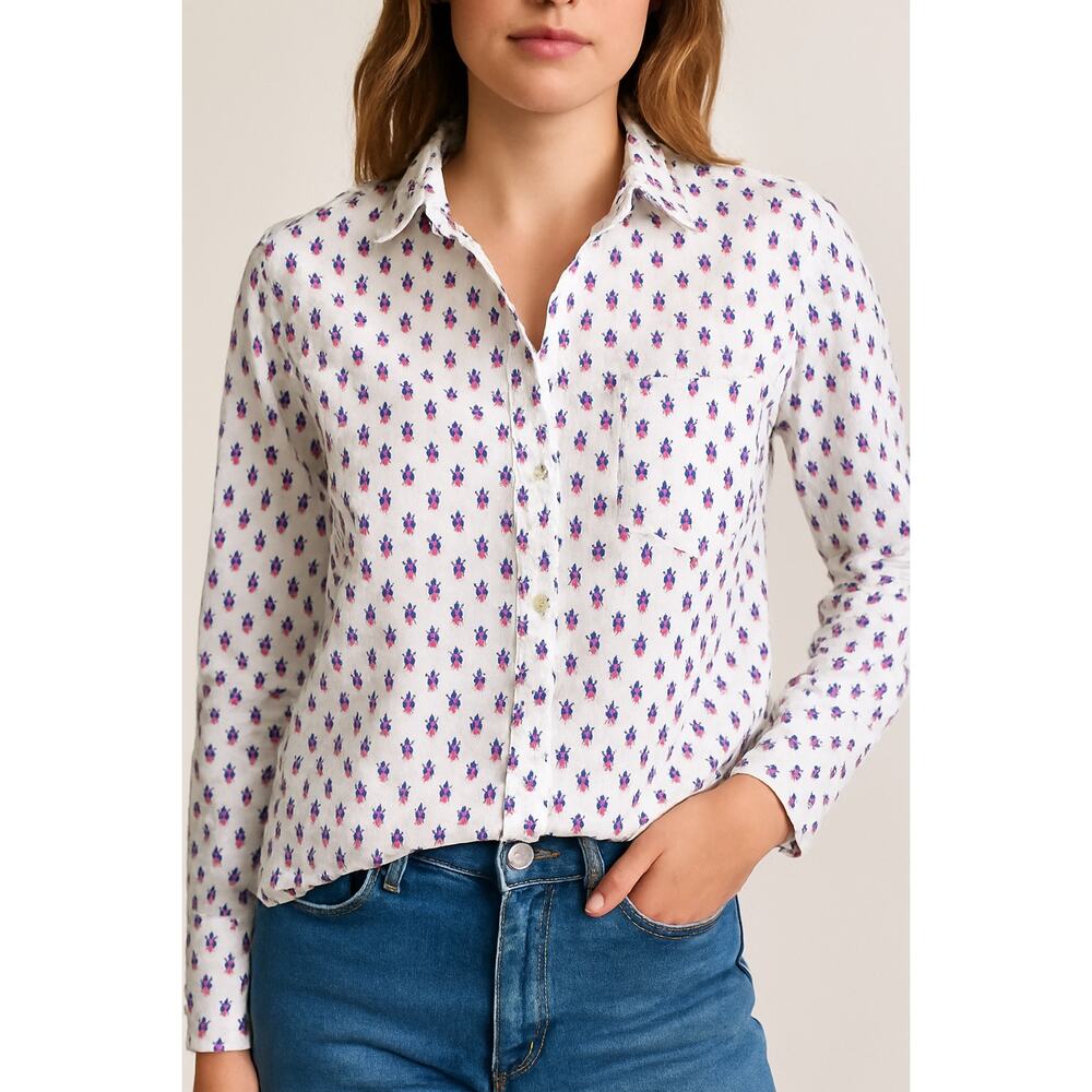 Frank & Eileen Eileen Button Up Shirt White Pink Pineapples Cotton XS Down